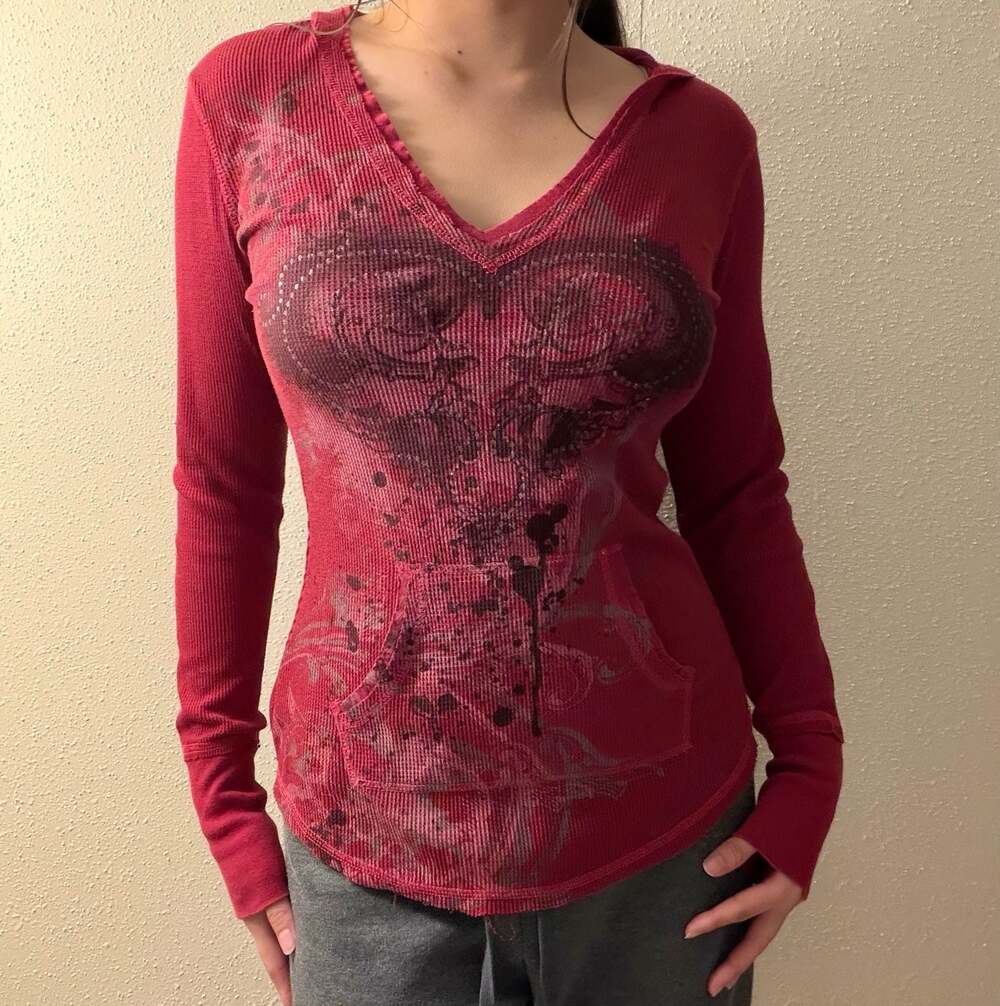 ransom Y2K Red Waffle Knit Rhinestone Heart Graphic Long Sleeve Hoodie Top